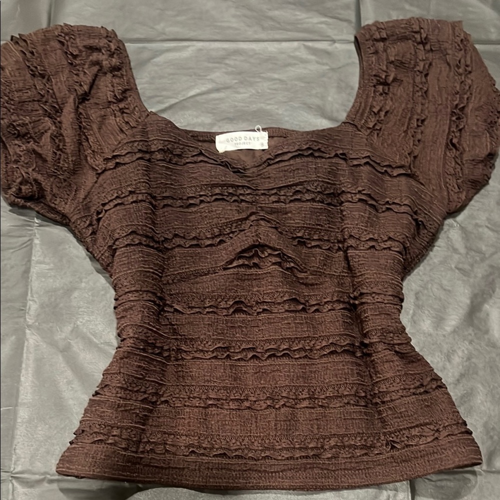 Brown Puff Sleeve Ruched Blouse